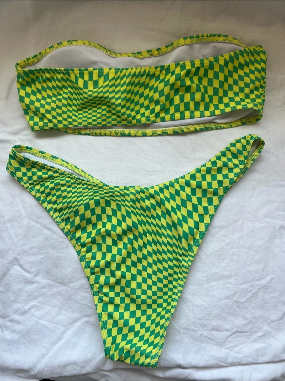 Vibrant Green & Yellow Check Bandeau Bikini Set